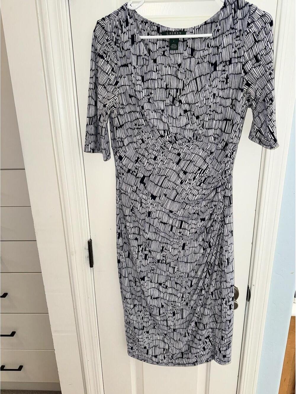 Lauren Ralph Lauren Faux Wrap Dress Navy White Print SIZE 6